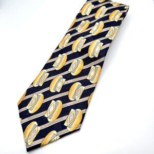 Conte Di Milano100% Silk Yellow Navy Vtg Art Deco Geometric Abstract Pattern